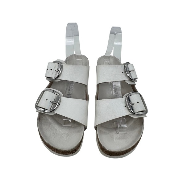 Birkenstock Arizona Big Buckle White Leather Sandals Silver Hardware Womens 37 - Picture 2 of 10